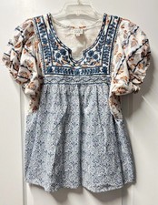 Sister Mary Embroidered Patsy Cream Blue Floral Peasant Cottagecore Top Sz S EUC