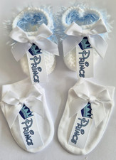 Romany Boys  Prince Booties And Mittens 0-3 Months White Bows