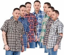 Mens Regular Big Size Shirts Checked Cotton Blend Casual Short Sleeve Blue M-5XL