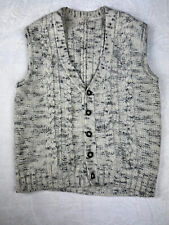 Vintage Grandad Knitted Vest Gilet Button Up White Grey Mens Large Cable Knit