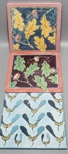 3 x Various Oak &  Leaf Design Hand Painted Decorated Tiles 15cm x 15cm Each 