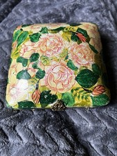 Vintage Pink Green Floral Lacquer Paper Mache Square Wooden Shoulder 5x5 Purse