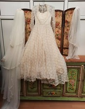 Original Vintage 1950's Wedding Dress train underskirt lace ivory pearls vail 