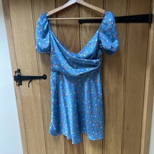 Zara blue satin summer dress with strawberry print - EU Small