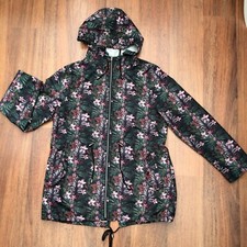 Womens Ladies Zip Up Green Tropical Print Parka In A Pocket Rain Coat Size M VGC