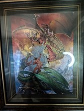 Fantasy Art Style Foil Dufex Print Mounted Dragon Battle Epic Scene 11x9"
