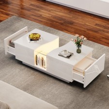 Led Coffee Table With 2 Drawer, High Gloss, With 16-Color Led Lights, White