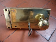 Antique Georgian brass door lock with keep, key and door knobs