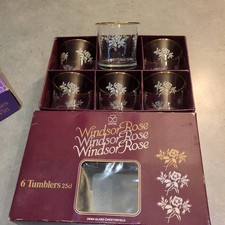 Windsor Rose Dema Glass Tumblers 6 25cl Floral Gold Rim New In Box Vintage