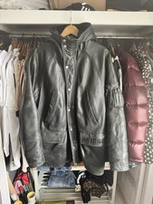 Avirex USA vintage black real leather hooded aviation low flight jacket overcoat