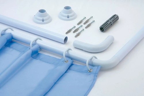 Shaped shower curtain - curtain, rail