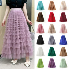 Summer Womens Tiered Ruffle Mesh Tulle Skirt High Elastic Waist Long Party Dress
