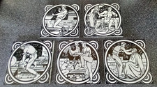 SET OF 5 RARE ANTIQUE BLACK & WHITE MINTON TILES – THE TRADES BY JOHN MOYR SMITH