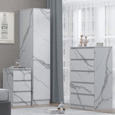 3PC Bedroom Furniture Set - 1 Door Wardrobe, Chest & Bedside White Marble ZITA