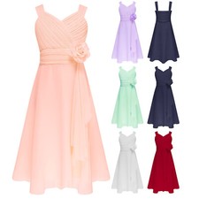 Kids Flower Girl Dress Sleeveless V Neck Chiffon Wedding Bridesmaid Formal Dress