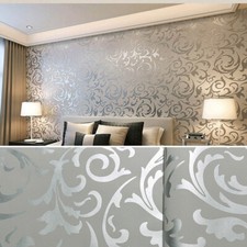 Grey Silver Damask Wallpaper Floral Textured Shimmer Metallic Thick Feature 1-6X