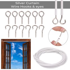 2M -25M Net Curtain Wire White Window Door Voile Cord Cable Hooks & Eyes