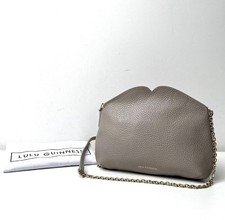 LULU GUINNESS Cleo Crossbody Shoulder Bag Taupe Real Leather Red Lips Zip Top