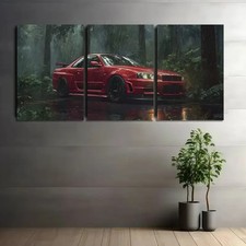 3pcs Red Nissan Skyline GT-R in Rain Paintings  Metal Print Ready to Hang Art