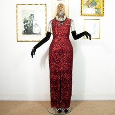 Vintage Burgundy Sequin Evening Gown 1980s Floor-Length Formal Dress Size UK 12