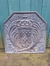 Vintage Cast Iron Fireplace Fleur De Lys Crown 1669 Fire Back Range Plate 