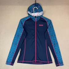 SWIX Women's Medium Blue Pink Geometric Zip Up Hooded Jacket Athletic