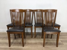 DINING CHAIRS Set of 6 Oak Bannister Back Brown Faux Leather Padded Seats