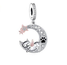 Cat Angel Wings RIP Memorial Charm Pet Paw Kitten Moon Stars Sterling Silver 925