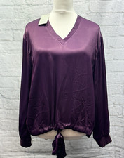 Pure Collection Satin Blouse Damson Purple Size 14 Shiny Dark Academia V-Neck