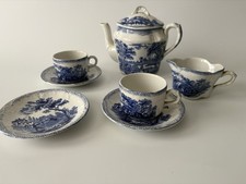 Antique RIDGWAYS Blue and White Childrens Teapot Tea Service Charles Dickens