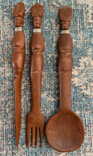 Vintage 1970's African Tribal Hard Wood Hand Carved Knife/Fork/Spoon Set (8.5")