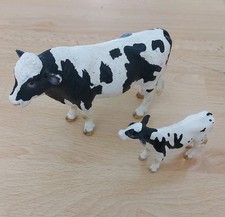 SCHLEICH Holstein Dairy Cow 5" & Baby Calf 3" Black & White Farm Animal Figures