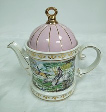 Sadler Teapot Hunting Scene Pink Lid Gold Trim Ceramic England - K16