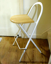 KITCHEN BAR STOOL FOLDING WHITE METAL SUBSTANTIAL FRAME FOOT REST WOOD SEAT