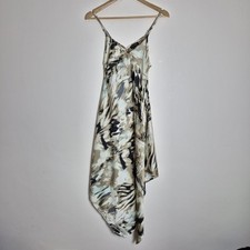 QED London S/M Beige Green Abstract Print Strappy Slip Midi Dress Asymmetric Hem