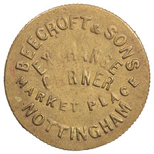 BEECROFT & SONS EXCHANGE CORNER MARKET PLACE NOTTINGHAM BRASS TOKEN (#5943)