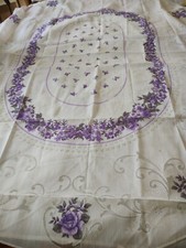 Vintage Spanish White Purple Floral Oval Net Lace Tablecloth 74" x 55"