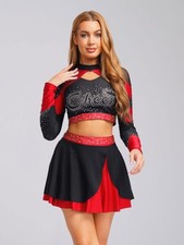 UK Women Cheerleading Outfit Rhinestone Open Back Tank Top +Frilly A-line Skirt