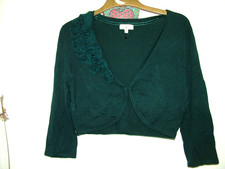 Teal Green  Bolero Cardigan Kaliko 12 open front, cropped, 3/4 sleeves, florals