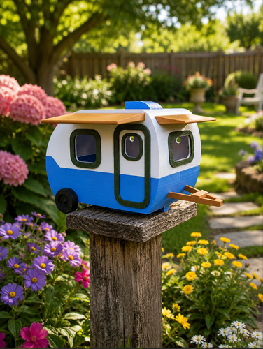 Retro camper birdhouse blue - rv,