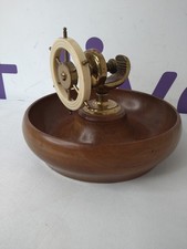 Vintage Mahogany Brass Ships Wheel Nautical Theme Nut Cracker With Wooden Bowl