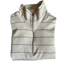 Ladies Marks Ribbed Top Zip High Neck Long Sleeved Striped Navy Cotton T-shirt