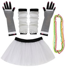 WHITE LADIES 80S NEON TUTU SKIRT MESH FISHNET 1980S HEN PARTY RETRO FANCY DRESS