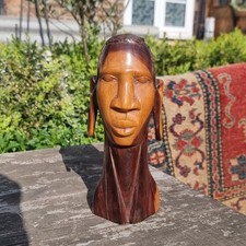 Mid-Century Hand Carved African Wooden Bust with Elongated Earlobes – 23cm
