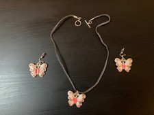 Unusual, Pink and Silver Butterfly Earrings with a Butterfly Suede necklace set