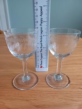 Edwardian glass sherry/port  glasses.  Hand blown 9cm  geometric etched pattern.