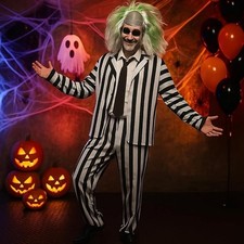 HALLOWEEN STRIPE SUIT GHOST FANCY DRESS 1980s GHOSTS COSTUME & WIG