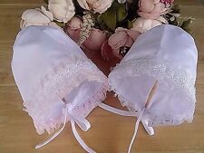 Baby Bonnet Christening Summer Hat Girl White Pink Lace Frill Cotton Ties 0 6m