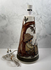 Jersey Pottery Vintage 70's Tall White Table Lamp 39cm Young Boy Fishing At Pond