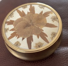 Pressed Flowers on Silk Gold Coloured Trinket/Pill Box with Feet 